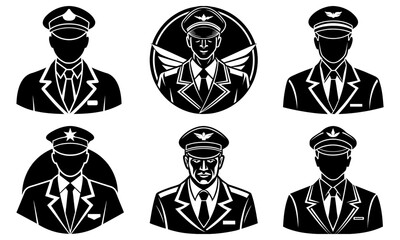 Collection of monochrome illustrations of pilots in uniform attire
