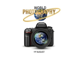 Photo of world photography day celebration with a dslr camera reflecting the earth on its lens, isolated on white background