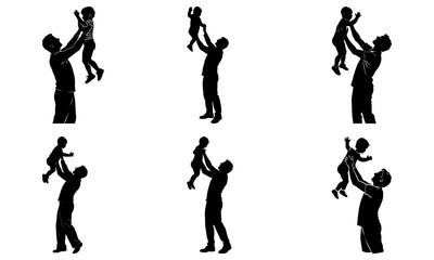Silhouettes of fathers holding their children up in the air happily