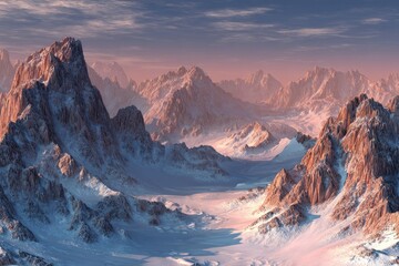 Snowy mountain range at dawn.  Vast, icy peaks