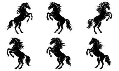 Collection of rearing horses in silhouette on a white background
