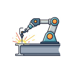 Fototapeta premium An illustration depicting a robotic arm welding a metal beam, showcasing automation and industrial processes with sparks and precision on a white background.