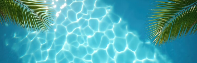 Clear blue swimming pool water with bright sunlight reflections creating mesmerizing patterns. Palm tree fronds frame scene, evoking tropical summer vacation vibe. Tranquil, refreshing, vibrant