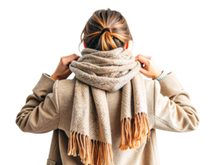 Rear view of a woman tying a scarf around her neck, wearing light coa