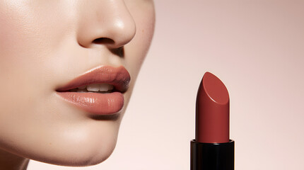 Obraz premium Close-up of woman applying nude lipstick on soft lips