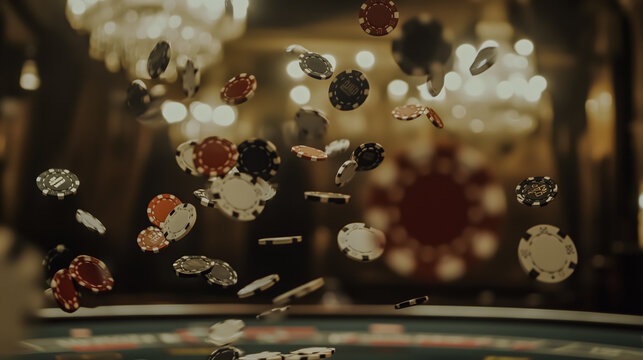 Midair Roulette and Poker Chips, Shallow Depth of Field, High-Stakes Nightlife Atmosphere, Event Promotion Banner.Generative AI