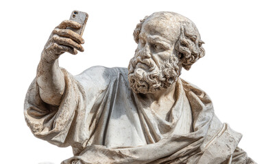 Ancient stone statue of a bearded man holding a smartphone as if taking a selfie.
