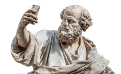 Ancient stone statue of a bearded man holding a smartphone as if taking a selfie.
