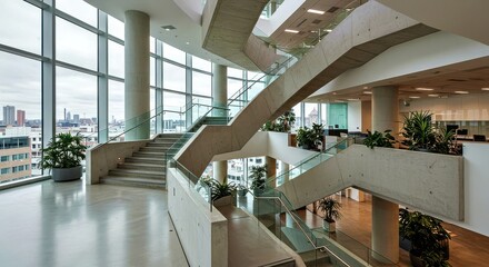 Obraz premium A clean, minimalist shot of a multi level staircase in a contemporary office building with large windows and potted plantsImage
