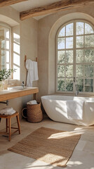 Fototapeta premium Bright natural bathroom interior with wooden tub, towels, rattan basket, and greenery