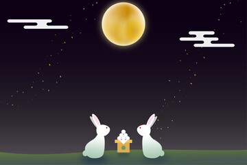 中秋の名月、二羽のうさぎ｜月見 うさぎ 団子 夜空 和風　十五夜