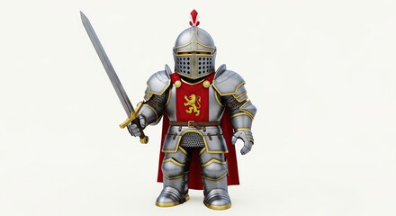 Naklejka premium Medieval Knight Wearing Silver Armor Holding Sword on White Background