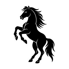 Silhouette of a rearing horse with flowing mane and tail in black color