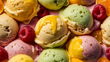 delicious multi-colored ice cream with raspberries