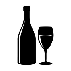 Illustration of a wine bottle and a wine glass in black and white style