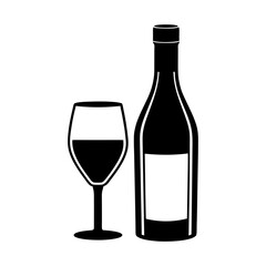 Illustration of a wine bottle and a wine glass in black and white style