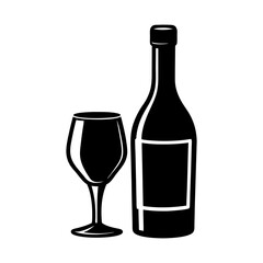 Illustration of a wine bottle and a wine glass in black and white style