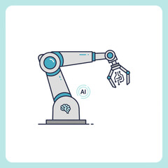 Robotic arm with gripper in a factory setting.