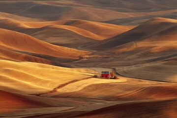 Golden hills, red barn, rural landscape