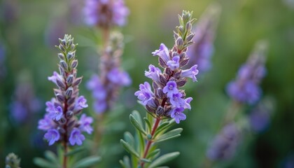 Macro shot of rosemary plant blooming with small purple flowers. Evergreen shrub foliage in soft focus background. Focus on delicate lavender blossoms, natural herbal plant, culinary herb.