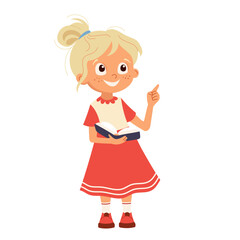Cute cartoon blonde schoolgirl in red dress holding open book. Girl character making thinking gesture with her hand Vector pupil illustration for education materials, school projects, learning designs
