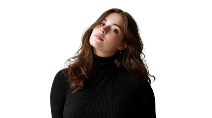 Portrait of a young woman in a black turtleneck, looking confidently towards the camera, isolated on white background.