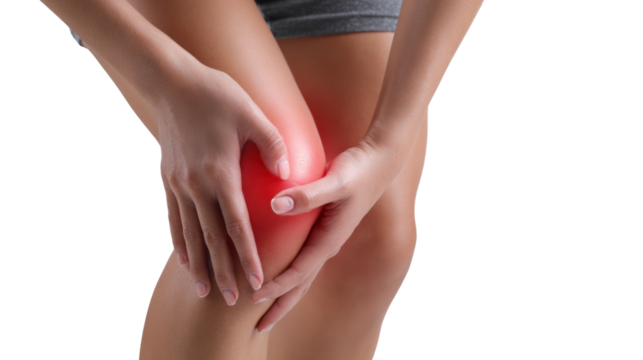 Person holding knee in pain, white isolate background.