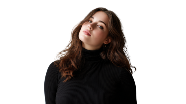 Portrait of a young woman in a black turtleneck, looking confidently towards the camera, isolated on white background.