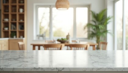Modern kitchen countertop with marble pattern. Features white, beige, and gold veining. Clean minimalist interior design. Bright, natural light illuminates scene, creating elegant, spacious feel.