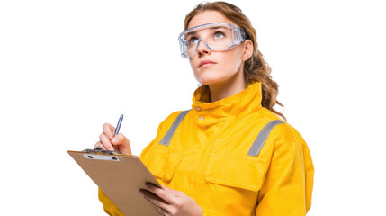 Safety inspector in yellow uniform with clipboard, isolated on white background.