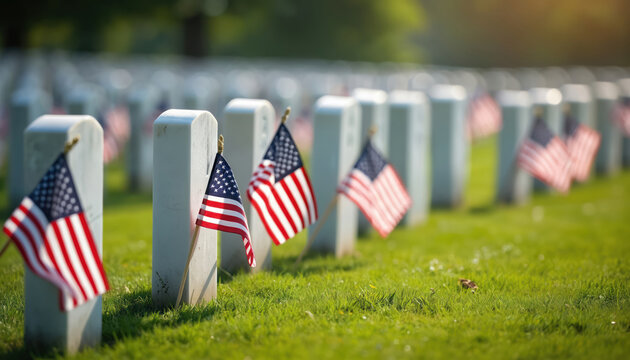 American flags wave gently beside military headstones on Memorial Day. Rows of white markers in green cemetery evoke solemn remembrance, national pride. Image honors veterans sacrifice, commemorates - Powered by Adobe