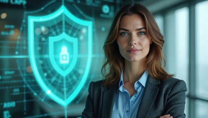 Confident businesswoman stands before glowing blue hologram shield with digital lock symbol, representing cybersecurity, data protection. Wears pro suit, exuding success, leadership in modern
