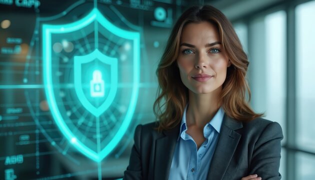 Confident businesswoman stands before glowing blue hologram shield with digital lock symbol, representing cybersecurity, data protection. Wears pro suit, exuding success, leadership in modern