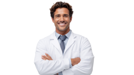 Smiling man in a lab coat with crossed arms, isolated on white background, exuding confidence and professionalism.