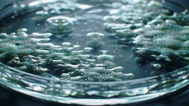 Detailed macro view of green mold colonies and fungi growing in a glass petri dish for a science research experiment.