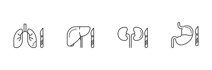 human organ surgery, medical operation, anatomical procedure icon vector illustration set outline style.