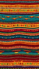 Colorful abstract background featuring a hand-drawn ethnic pattern with tribal motifs. Vibrant striped ornament inspired by traditional textile art.