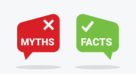 Myths vs Facts Vector Icon Set. Red and green speech bubbles with check mark and cross symbols. A modern graphic for comparison, education, and true or false quiz design. Fact check.