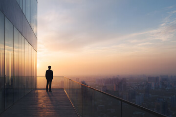 Fototapeta na wymiar Businessman standing on balcony overlooking city skyline at sunset