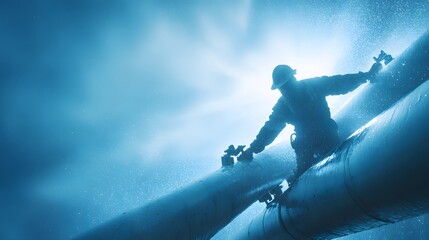 Worker in hard hat on large industrial pipes with water spray and bright sunlight industrial worker