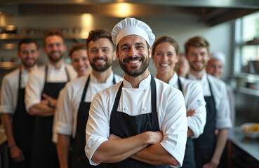 Proud culinary team of chefs, assistants smiling confidently in kitchen. Experienced professionals in uniform with arms crossed exude positive energy. Group represents teamwork, expertise in