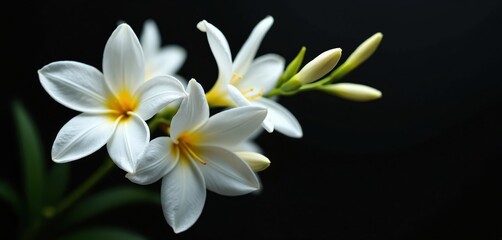 Fototapeta premium Macro photography captures delicate white flowers with yellow centers, set against stark black background. Delicate petals, unopened buds suggest growth, potential. Fine art detail, macro focus on