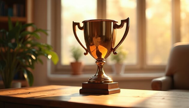 Bronze trophy for third place rests on wooden table, bathed in warm sunlight. Shiny metal cup achievement, victory, success in competition. Ideal for sports, award ceremonies, celebrating personal