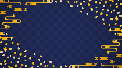 青の市松模様と金色の流水紋と紙吹雪の和風背景素材 © Misumi Kado