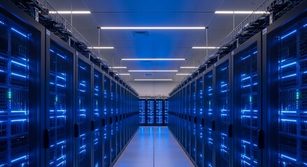 Rows of glowing blue server racks in a modern data center hallway