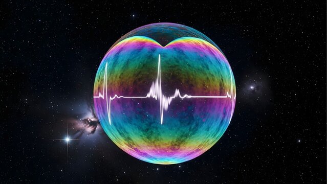 A beautiful abstract concept of a universal heartbeat, showing a vibrant rainbow-colored energy sphere with a glowing EKG waveform in deep space. - Powered by Adobe