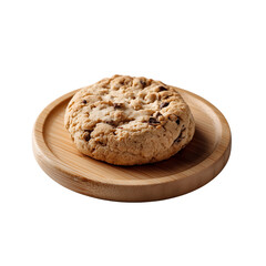 Fototapeta premium Close up of a single delicious homemade oatmeal raisin cookie on a small wooden plate against a dark background