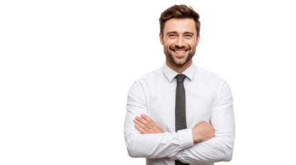Smiling man in a white shirt and tie, arms crossed, isolated on white background.