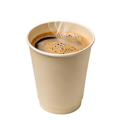 Hot coffee in a paper cup, steam rising.