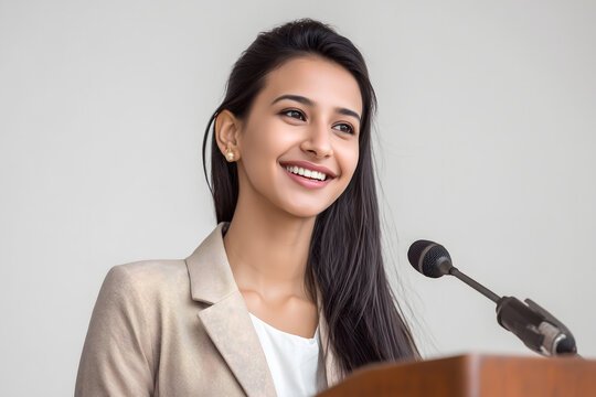Young Indian entrepreneur woman standing at podium giving speech at business seminar